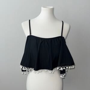 Black and White Pom-Pom Trim Off Shoulder Swim Suit Bikini Top Women's Large